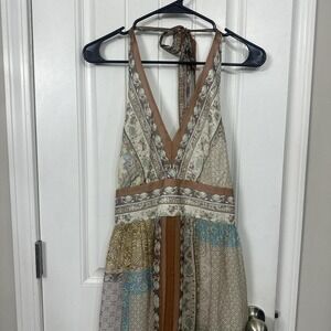 Boho multicolor patchwork style print silk halter neck mini dress.